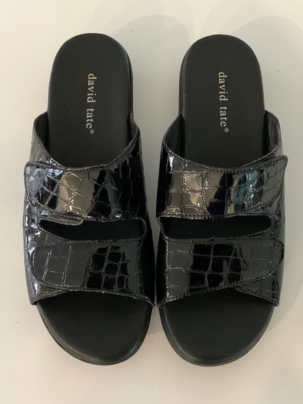 David Tate Slide Sandal Embossed Black Leather Velcro Strap Size 9